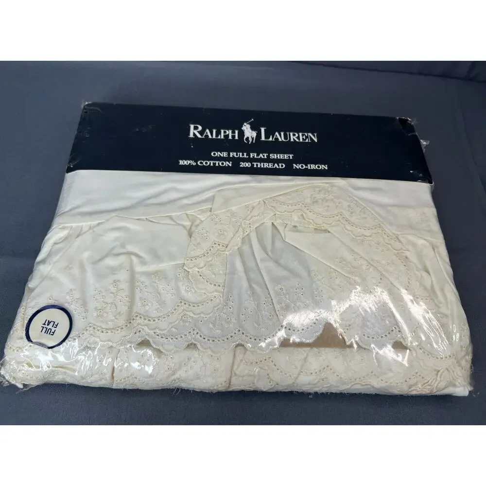 Vintage Ralph Lauren Home Ivory Full Flat Bed Sheet Ruffle Eyelet NOS